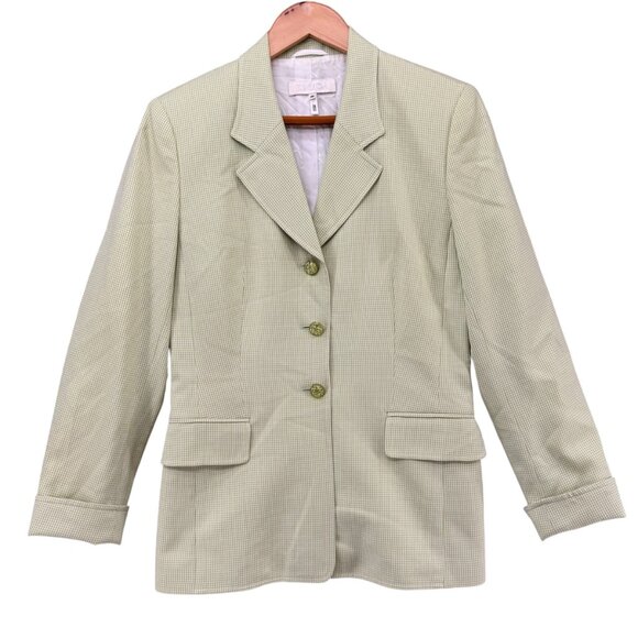 Vtg Escada Houndstooth Blazer Womens Green 3 Button Wool Silk Jacket EU 38 US 6 - Picture 1 of 16